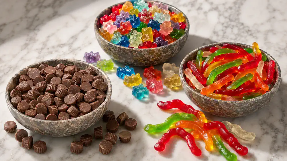 Assorted products gummies and choc peanut butter cups
