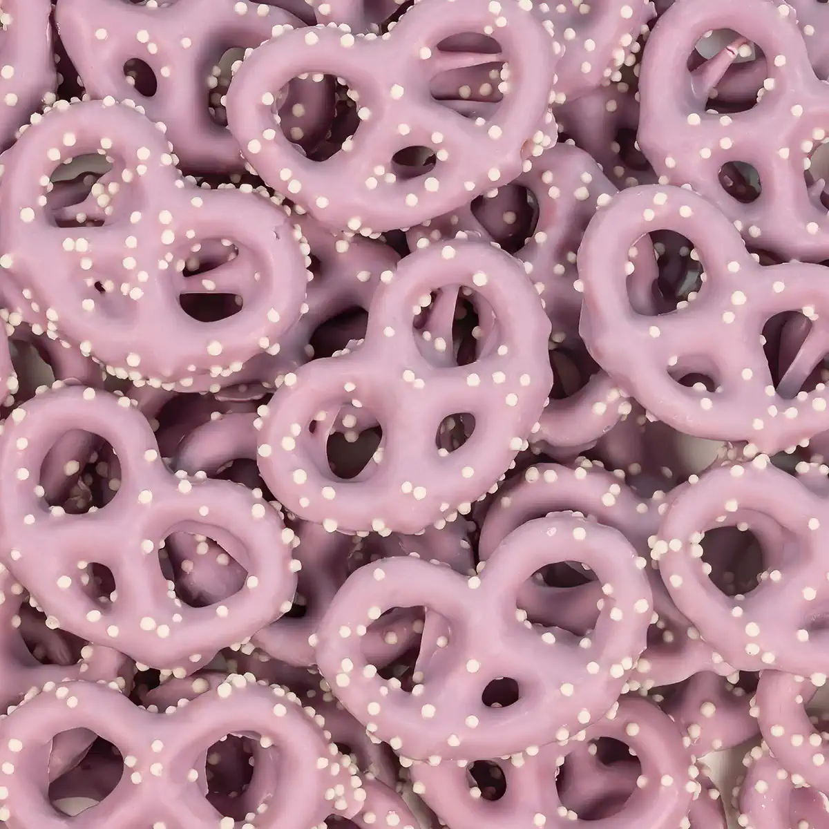 BLACKBERRY COBBLER YOGURT FLAVORED PRETZELS W/ WHITE NON PAREILS