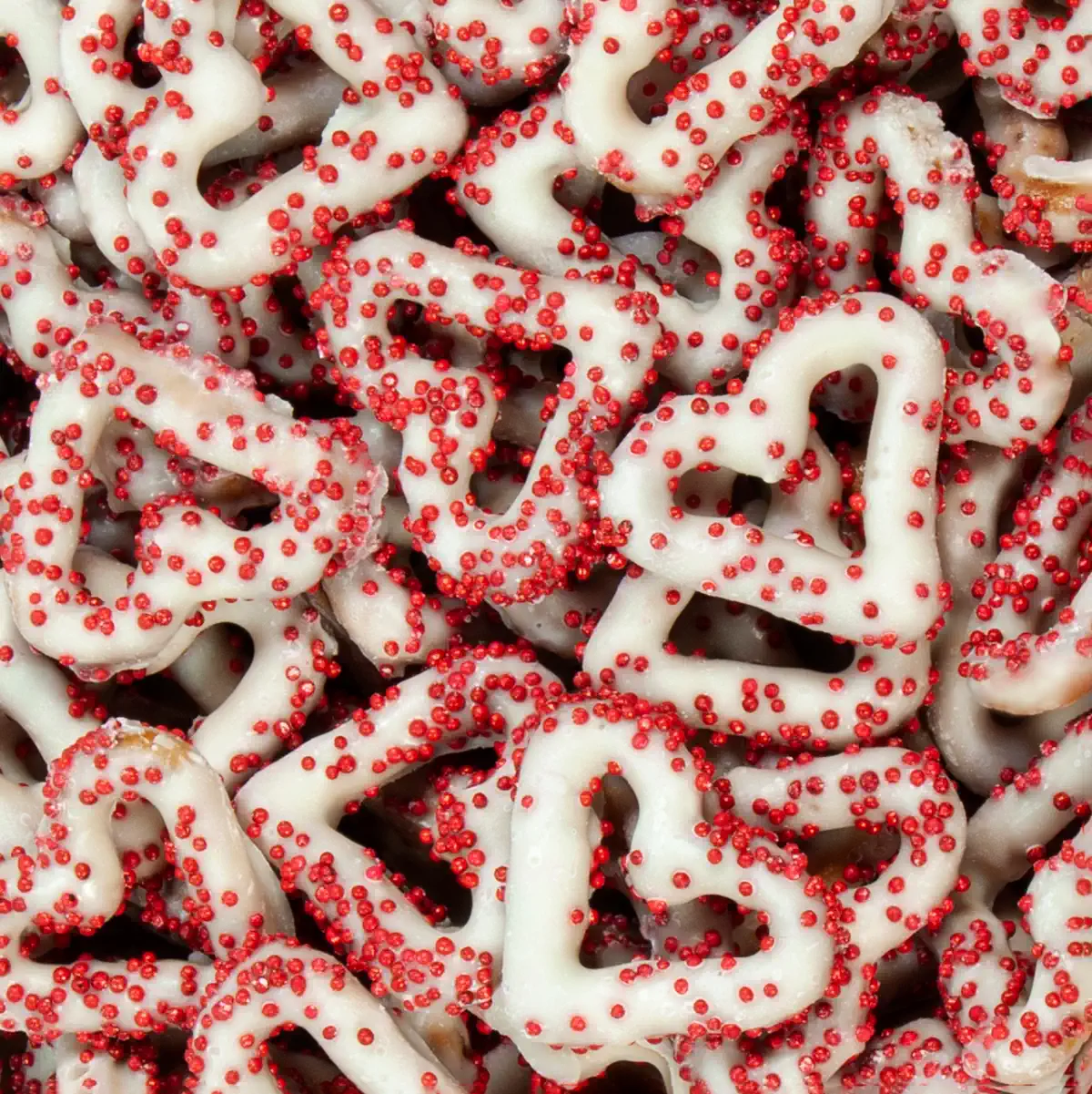 YOGURT FLAVORED HEART PRETZELS W/ RED NON PAREILS