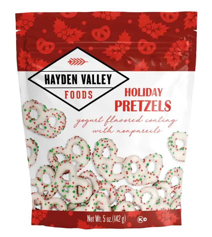 YOGURT FLAVORED HOLIDAY PRETZELS W/ RED & GREEN NONPAREILS 5 oz