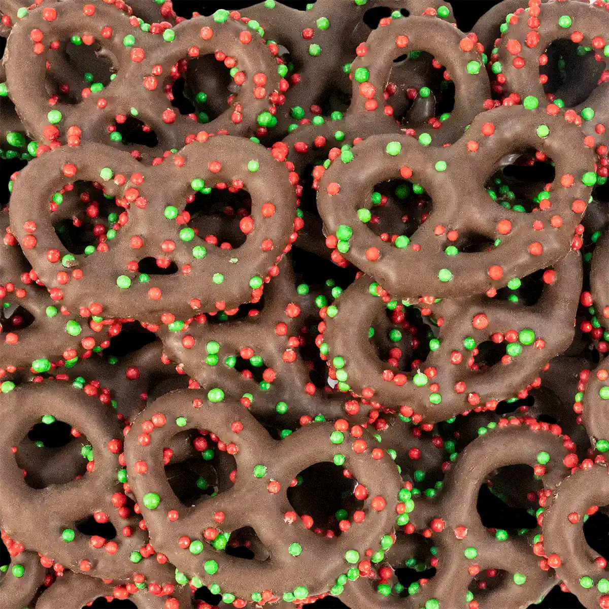 Chocolate Pretzels with red & green nonpareils Chocolate Pretzels with red & green nonpareils
